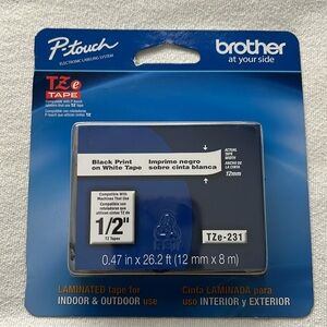 NWT Brother Genuine P-touch TZE-231 Tape, 1/2” Black Print on White Tape